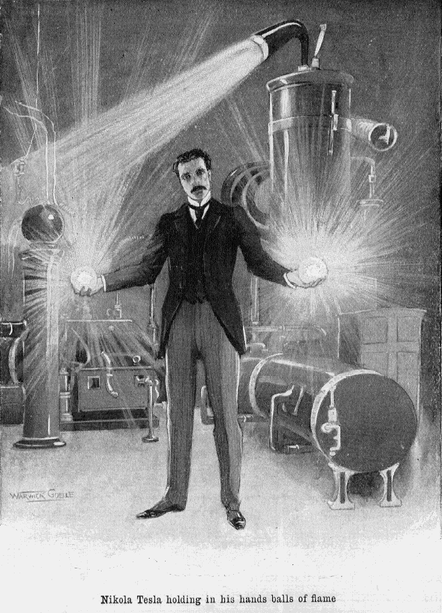 Nikola Tesla holding in his hands balls of flame di Warwick Goble