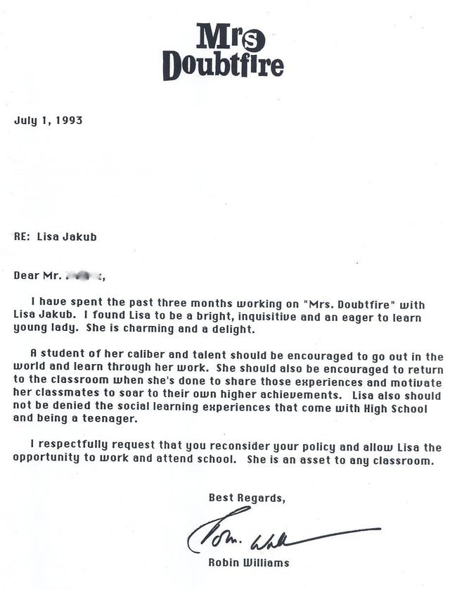 La lettera che Robin Williams spedì al preside di Lisa Jakub